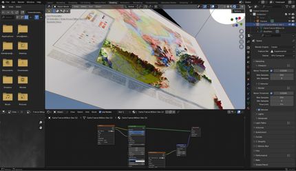 Mise en avant du processus de cartographie 3D dans Blender, avec l'élévation et les nodes utilisés pour notre carte Mise en avant du processus de cartographie 3D dans Blender, avec l'élévation et les nodes utilisés pour notre carte