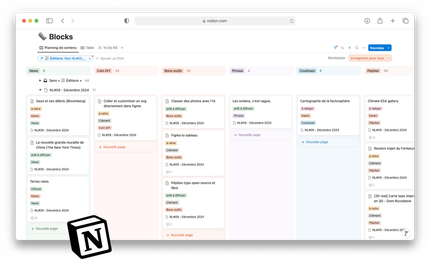 notion, l'outil qui nous permet d'organiser nos contenus de newsletter, outil idéal pour nos cerveaux fans de bases de données et de travail collaboratif : vous pouvez en effet y organiser votre information comme vous le souhaitez, connecter des espaces entre eux, regarder les listes sous des angles différents (table, agenda, kanban...). notion, l'outil qui nous permet d'organiser nos contenus de newsletter, outil idéal pour nos cerveaux fans de bases de données et de travail collaboratif : vous pouvez en effet y organiser votre information comme vous le souhaitez, connecter des espaces entre eux, regarder les listes sous des angles différents (table, agenda, kanban...).
