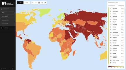 Dataset de l'indicateur de liberté de la presse, publié par Reporters sans frontières sur cette plateforme avec une visualisation cartographique Dataset de l'indicateur de liberté de la presse, publié par Reporters sans frontières sur cette plateforme avec une visualisation cartographique