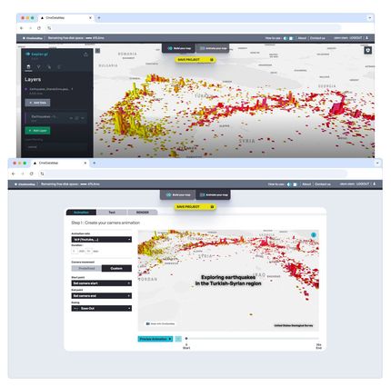 interface de l'outil cinedatamap permettant de données du relief aux données et de les visualiser en vidéo interface de l'outil cinedatamap permettant de données du relief aux données et de les visualiser en vidéo