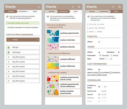 L'interface de l'outil khartis vous guidera dans un pas à pas pour créer une cartographie à partir de votre jeu de données L'interface de l'outil khartis vous guidera dans un pas à pas pour créer une cartographie à partir de votre jeu de données