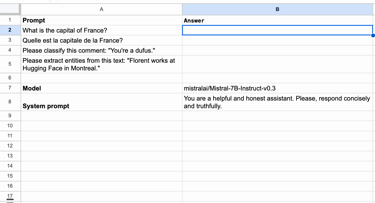 hugging face on sheets pour interagir en langage naturel avec vos données dans la feuille de calcul google sheets hugging face on sheets pour interagir en langage naturel avec vos données dans la feuille de calcul google sheets